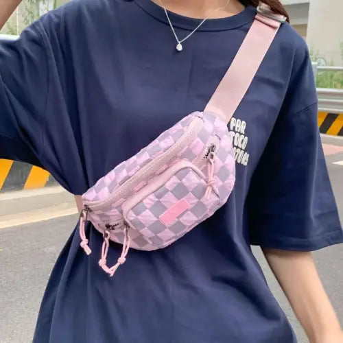 Trendy Blue Checkered Adjustable Strap Nylon Crossbody Fanny Pack