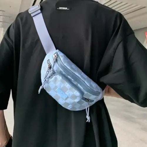 Trendy Blue Checkered Adjustable Strap Nylon Crossbody Fanny Pack