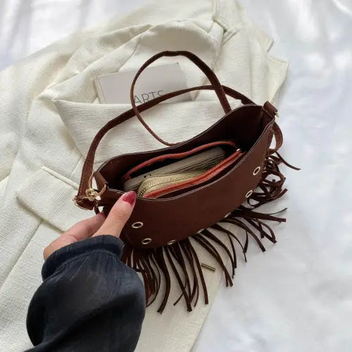 Trendy Brown Fringe Crossbody Bag