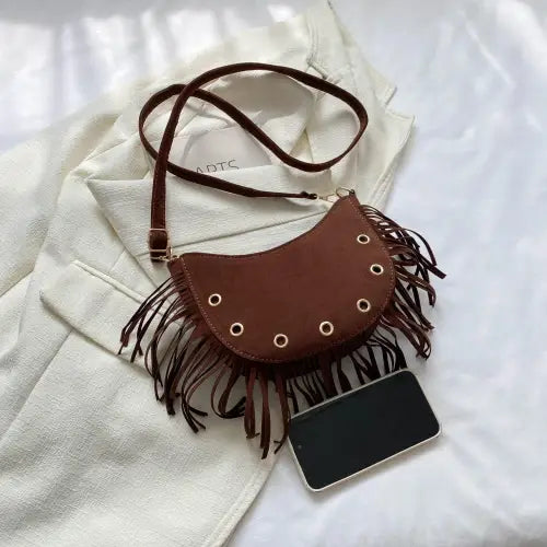 Trendy Brown Fringe Crossbody Bag