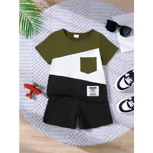Trendy Color Block Kids Clothing Set Army Green
