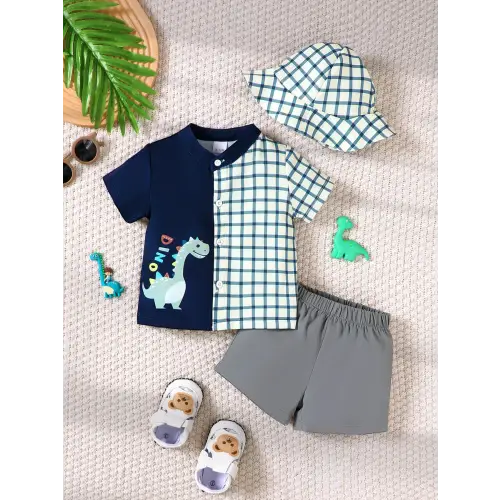 Trendy Dinosaur Plaid Baby and Toddler Outfit Set Dark Navy