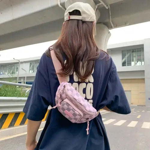 Trendy Pink Checkered Adjustable Strap Nylon Crossbody Bag