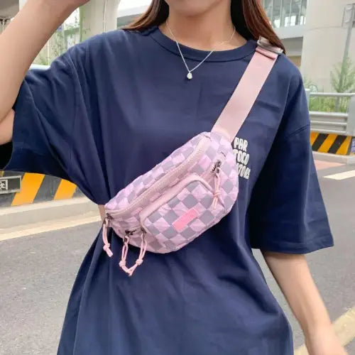 Trendy Pink Checkered Adjustable Strap Nylon Crossbody Bag