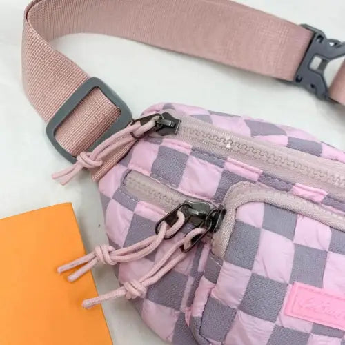 Trendy Pink Checkered Adjustable Strap Nylon Crossbody Bag