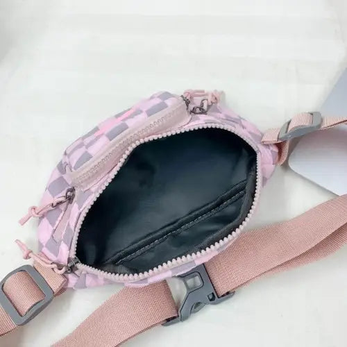 Trendy Pink Checkered Adjustable Strap Nylon Crossbody Bag