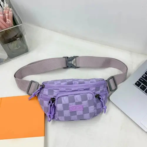 Trendy Pink Checkered Adjustable Strap Nylon Crossbody Bag