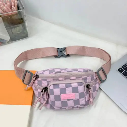Trendy Pink Checkered Adjustable Strap Nylon Crossbody Bag