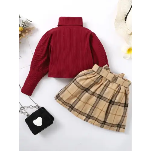 Elegant Burgundy Turtleneck & Plaid Skirt Set