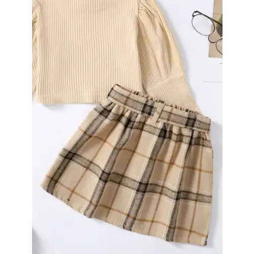 Elegant Burgundy Turtleneck & Plaid Skirt Set