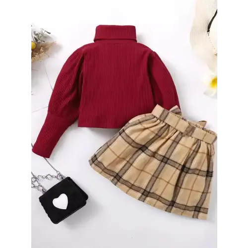 Elegant Burgundy Turtleneck & Plaid Skirt Set