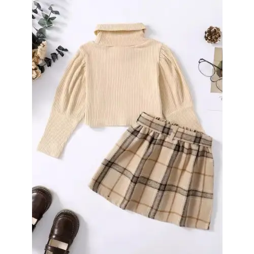 Elegant Burgundy Turtleneck & Plaid Skirt Set