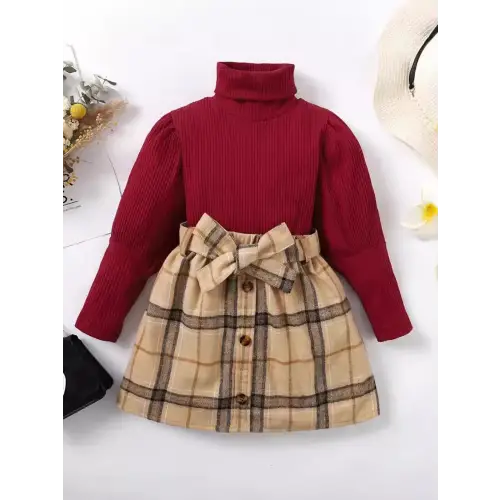 Elegant Burgundy Turtleneck & Plaid Skirt Set