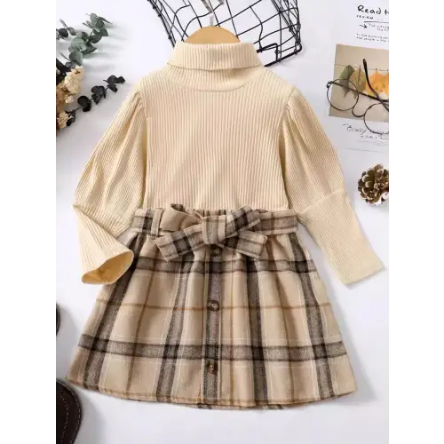 Elegant Burgundy Turtleneck & Plaid Skirt Set