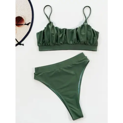 Vibrant Adjustable Strap Ruched Two Piece Swim Set Army Green