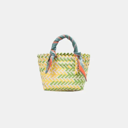 Vibrant Contrast Woven Handbag with Stylish Scarf Accent Light Yellow One Size
