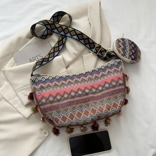 Vibrant Printed Tassel Crossbody Bag
