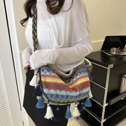 Vibrant Printed Tassel Crossbody Bag
