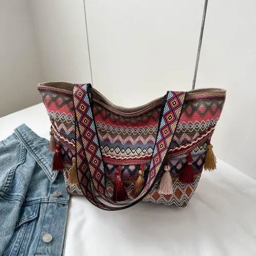 Vibrant Printed Tassel Tote Bag