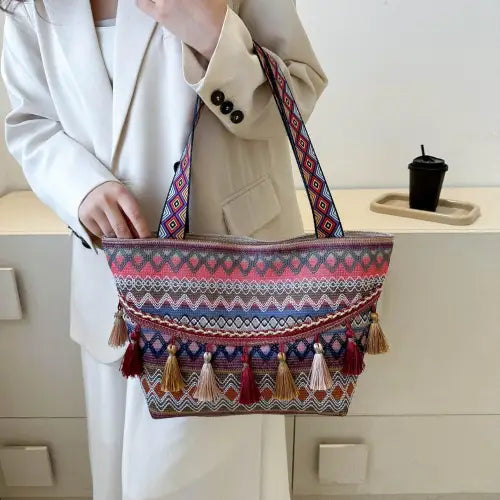 Vibrant Printed Tassel Tote Bag