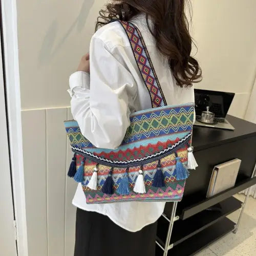 Vibrant Printed Tassel Tote Bag