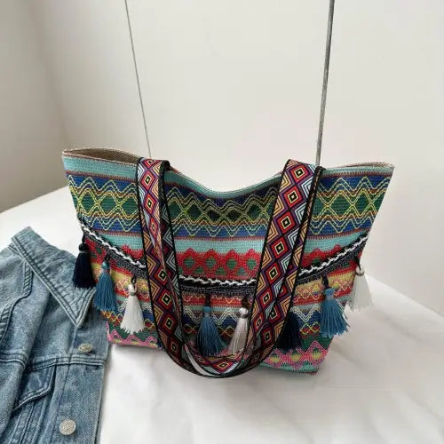 Vibrant Printed Tassel Tote Bag