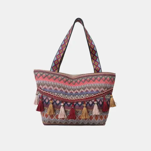 Vibrant Printed Tassel Tote Bag Coral One Size