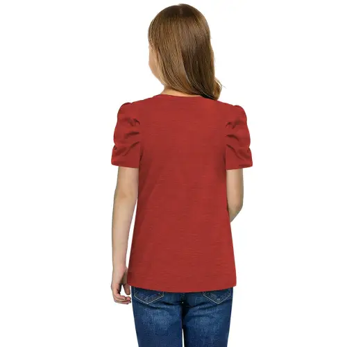 Vibrant Red Puff Sleeve T-Shirt for Girls with Round Neck