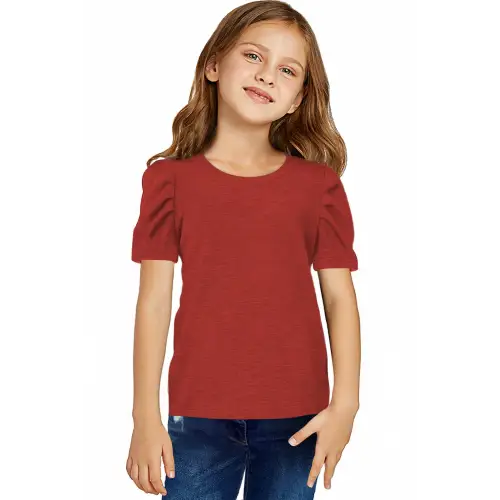 Vibrant Red Puff Sleeve T-Shirt for Girls with Round Neck