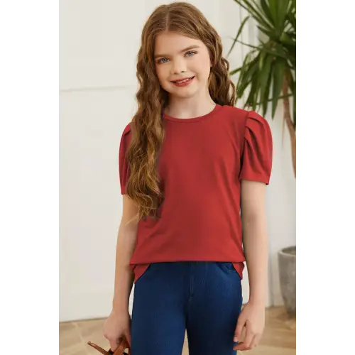 Vibrant Red Puff Sleeve T-Shirt for Girls with Round Neck Deep Red
