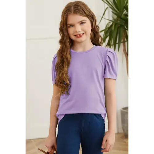 Vibrant Red Puff Sleeve T-Shirt for Girls with Round Neck