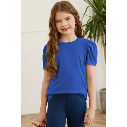 Vibrant Red Puff Sleeve T-Shirt for Girls with Round Neck