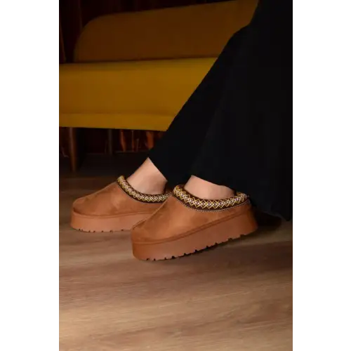 Embroidered Trim Round Toe Platform Boots Elevate Style Brown