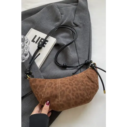 Wild Leopard Suede Shoulder Bag with Leather Strap Caramel One Size