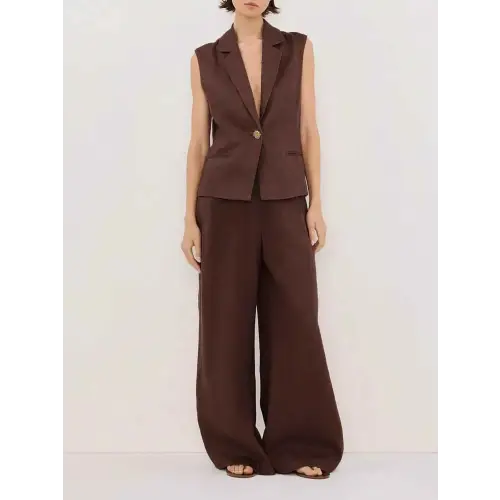 Buttoned Pocketed Cotton-Linen Set Dark Brown