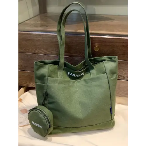 Olive Green Canvas Tote Bag with Stylish Pouch