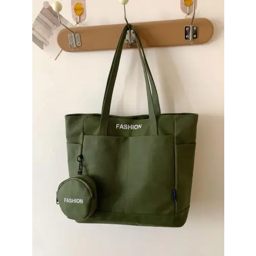 Olive Green Canvas Tote Bag with Stylish Pouch Dark Green One Size