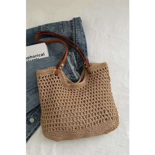 Openwork Woven Tote Bag Camel One Size