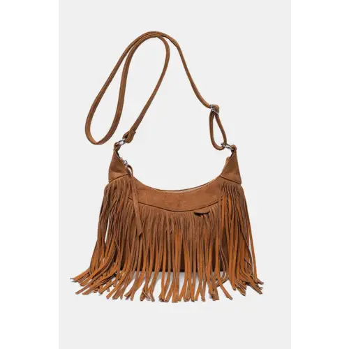 Suede Fringe Adjustable Strap Shoulder Bag Caramel One Size