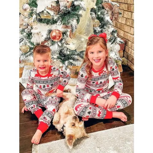 Festive Christmas Long Sleeve Pajamas Set for Kids and Dogs Multicolor